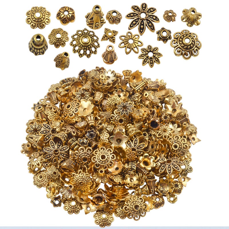 BronaGrand 100 Gram(About 250-350pcs) Bali Style Jewelry Making Metal Bead Caps Deluxe New Mix,Antique Gold - Image 1